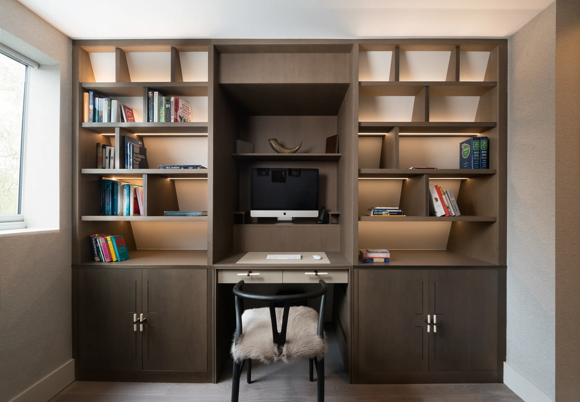 Full front view of the fitted Fulham desk, shelving and cupboards