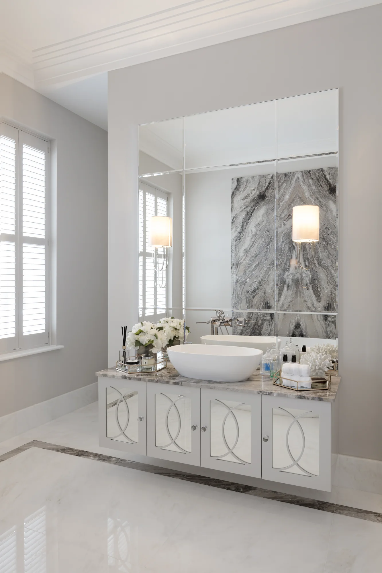 Full view of the Esher vanity, bowl basin and large segmented mirror