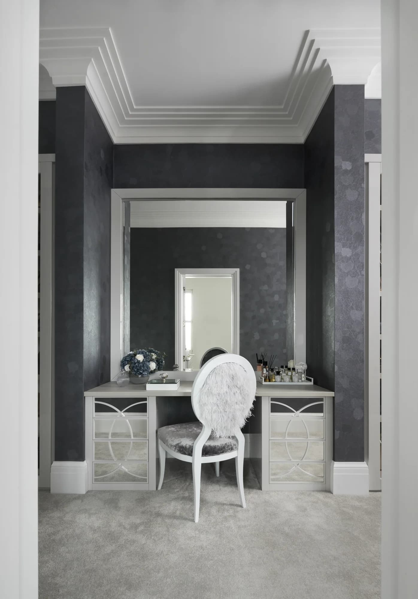 Complete Esher make-up table viewed through the doorway, with twin drawer units and a tall mirror