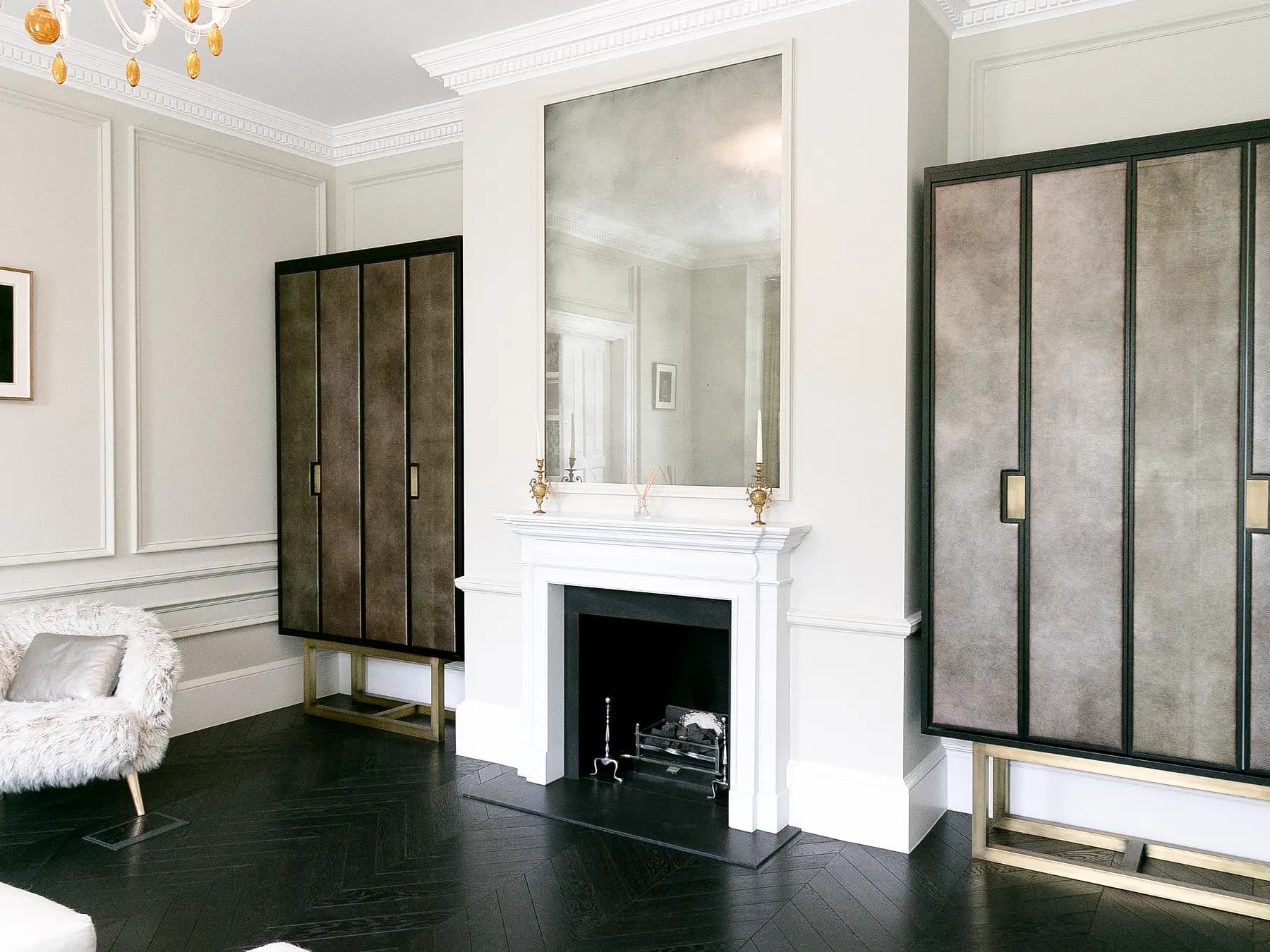 Golden textured-front cabinet in finished room