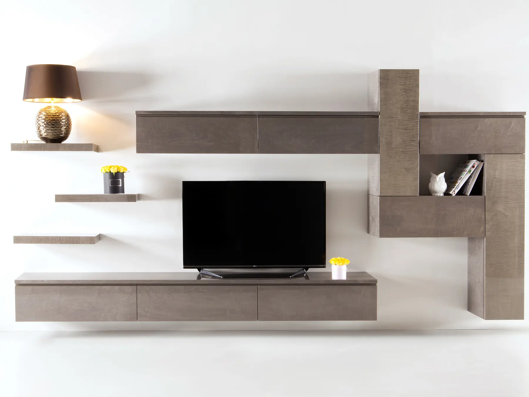 Grey bespoke media wall front view