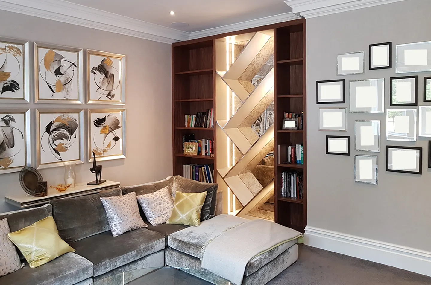 Natural walnut bespoke bookcase with illuminated geometric mirrored centre