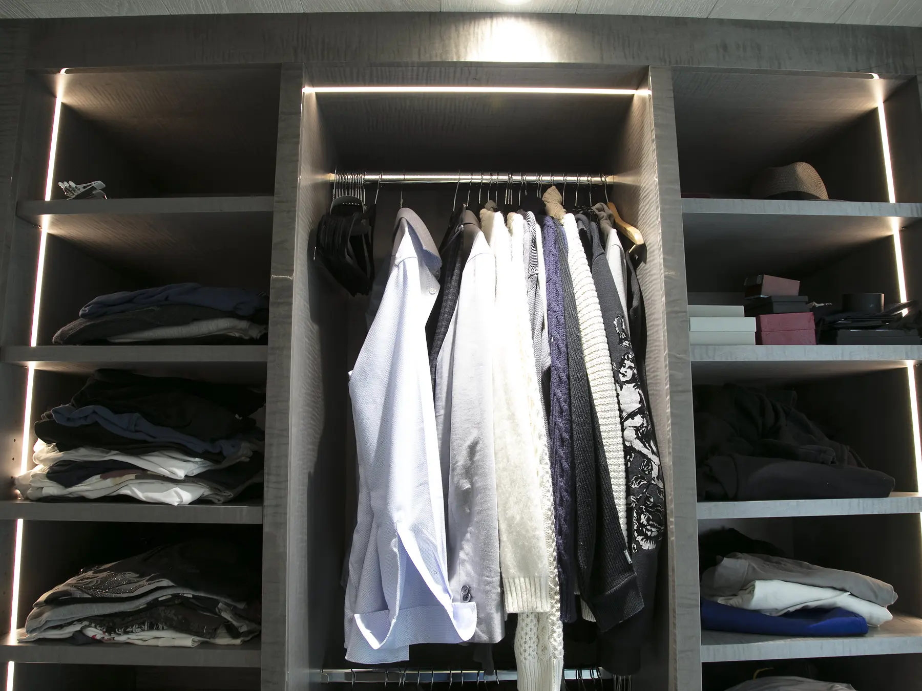 Illuminated Soho walk-in wardrobe storage