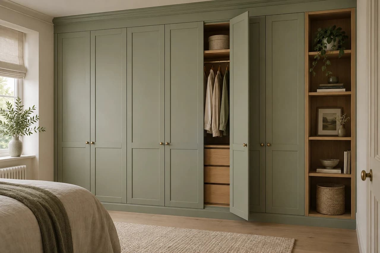 Sage-green fitted wardrobes with oak shelving and hanging storage