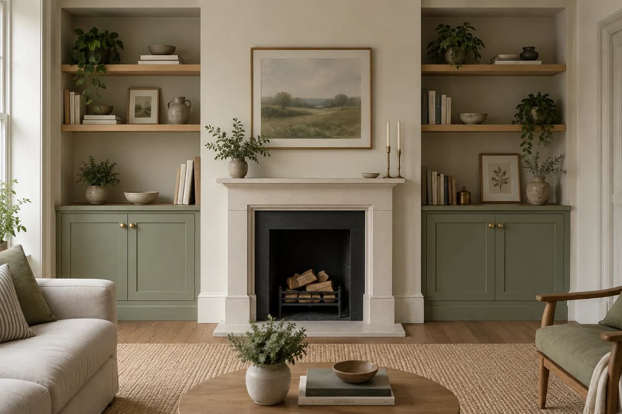 Fitted sage-green alcove cupboards with oak shelves beside a fireplace
