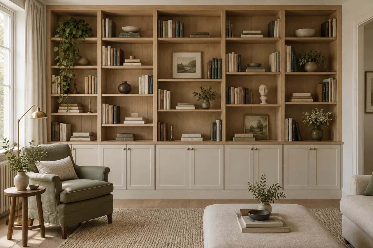 A full-wall oak bookcase with books, display shelves and low cupboards