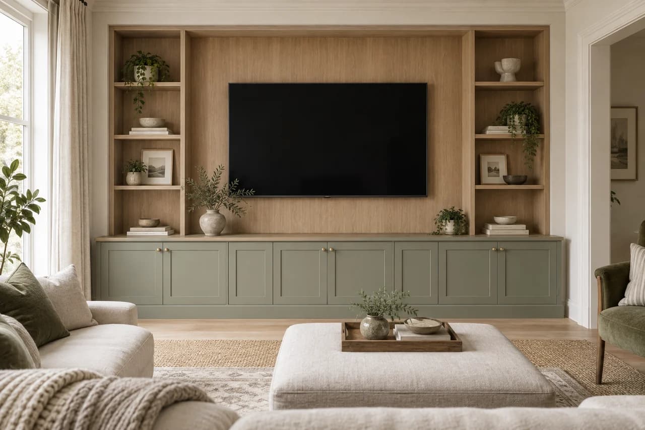 A television framed by oak panelling and fitted sage-green media storage