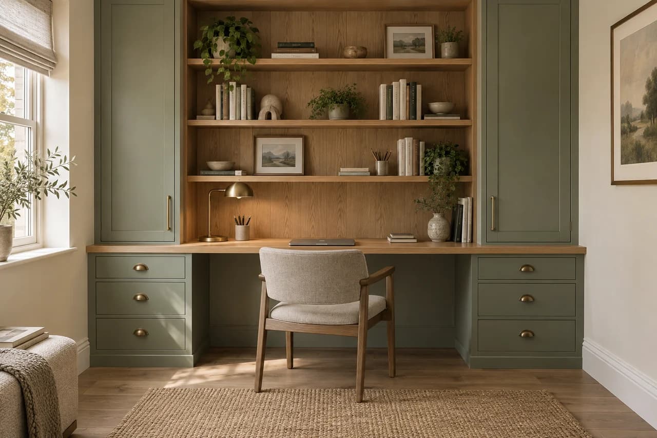 A fitted oak desk with sage-green drawers and matching office shelves
