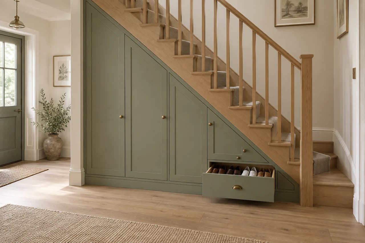 Fitted storage beneath an oak staircase with a pull-out shoe drawer