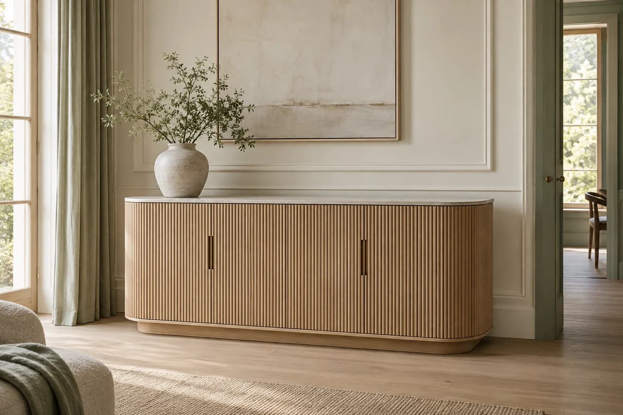 A curved oak sideboard with fluted doors and a pale stone top