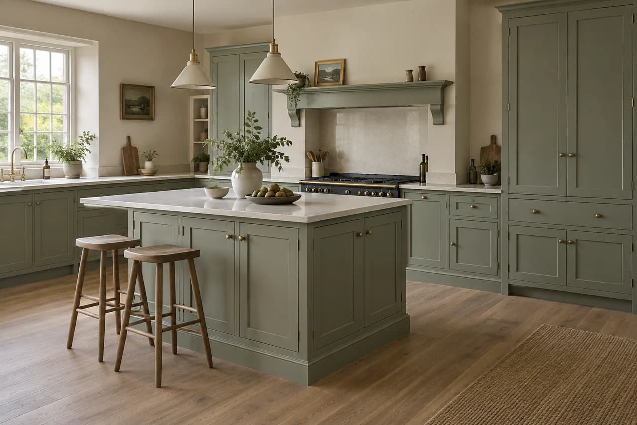 A sage-green in-frame kitchen with inset doors and visible face frames