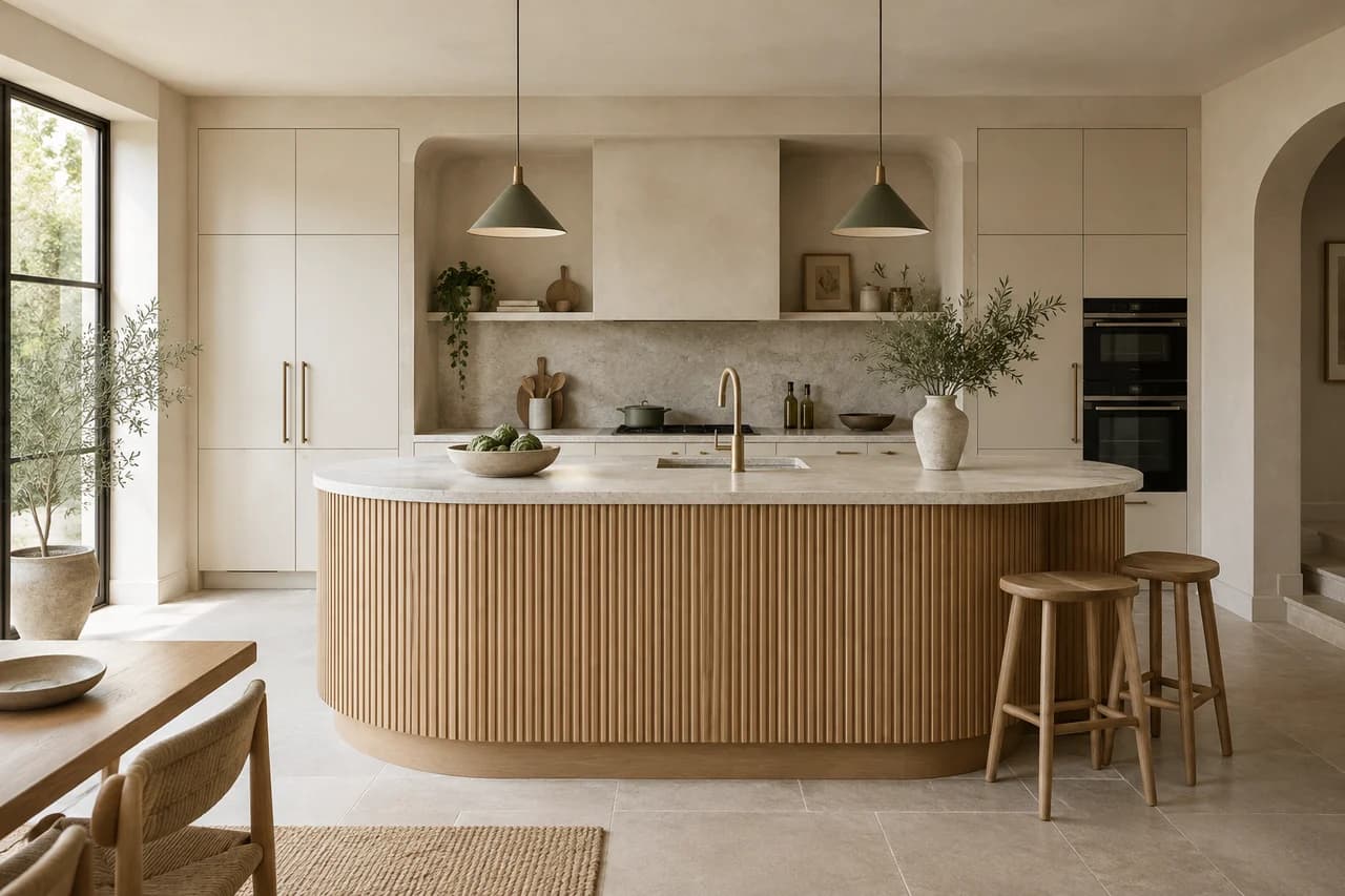 A bespoke kitchen with a curved oak island and tailored cabinetry