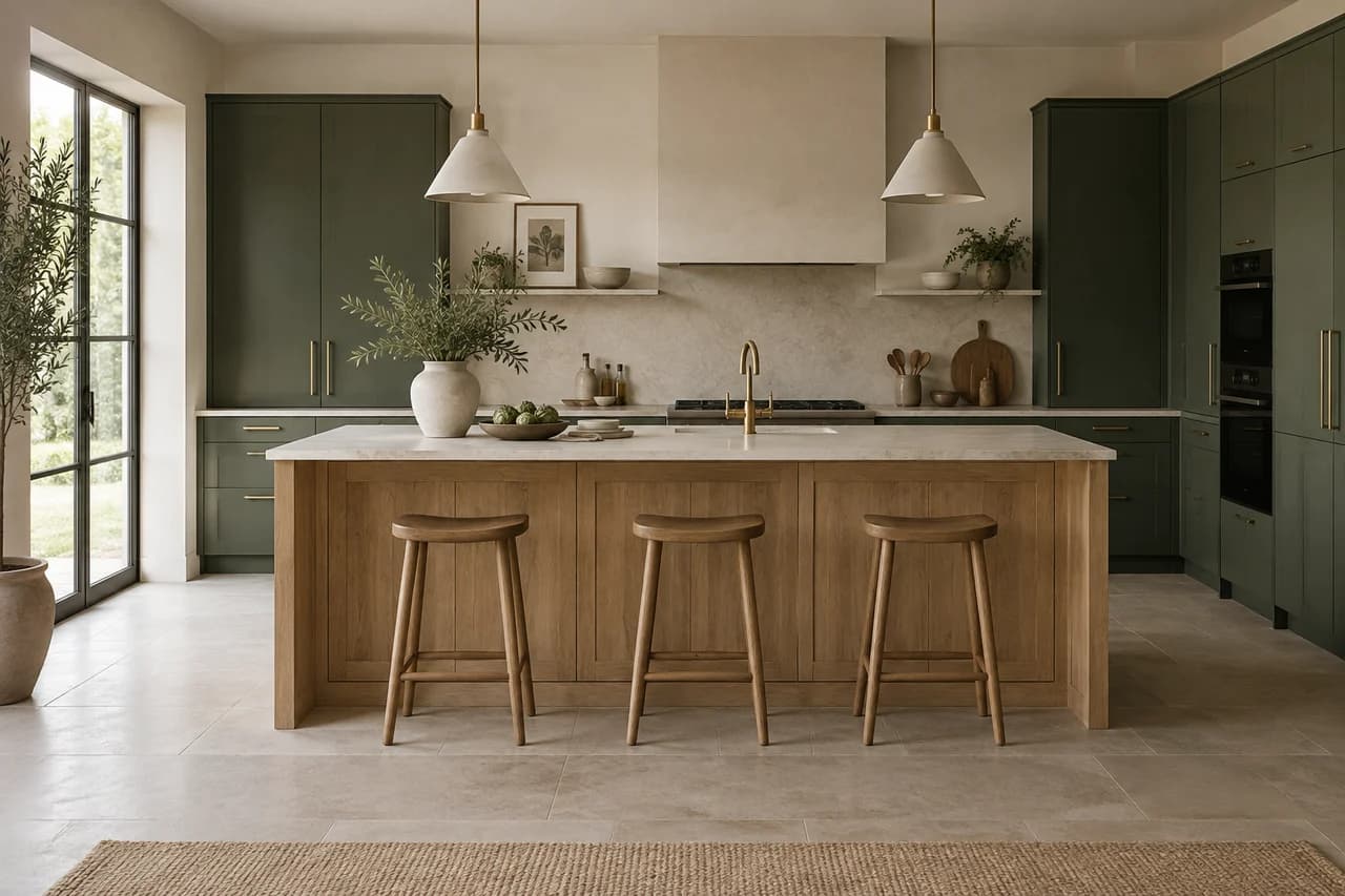 Kitchen with forest-green cabinets and a natural oak island
