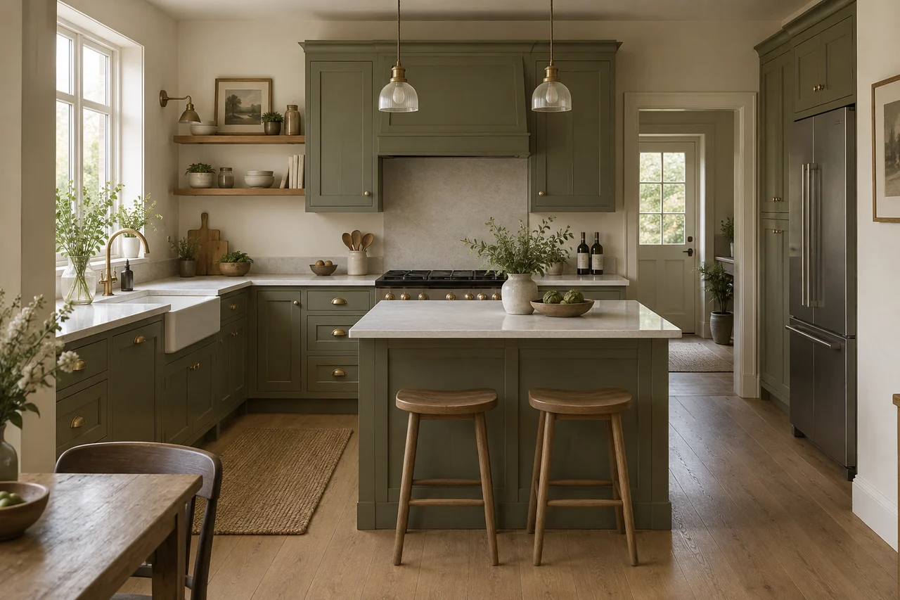 Kitchen with olive Shaker cabinets and pale stone worktops