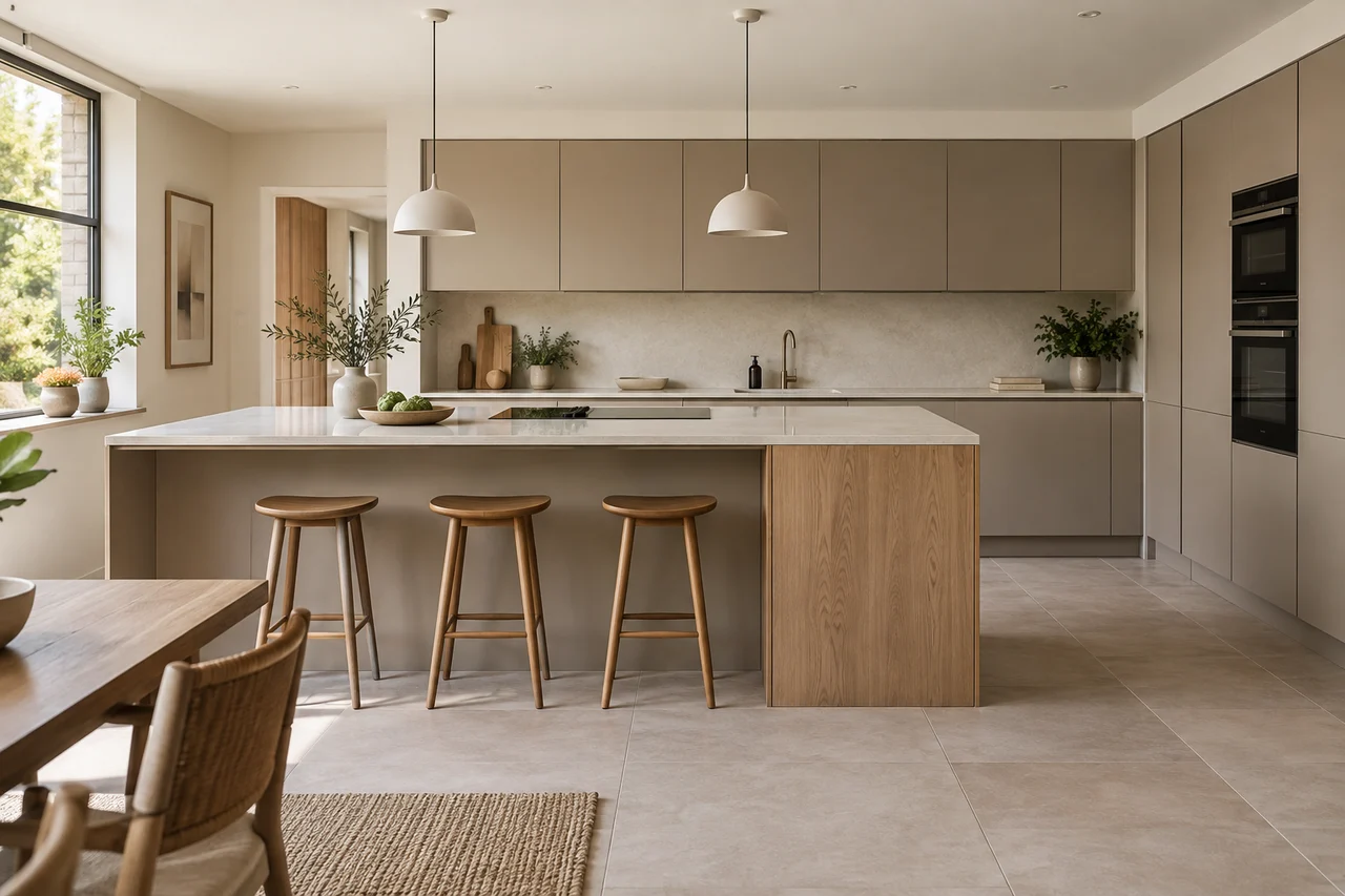 Kitchen with taupe handleless cabinets and an oak peninsula