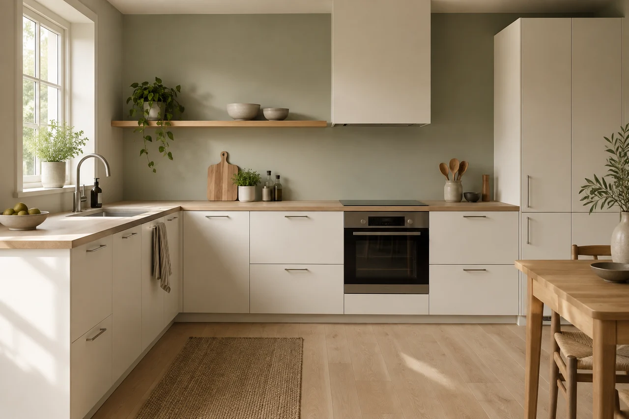 Kitchen with white cabinets and natural oak worktops