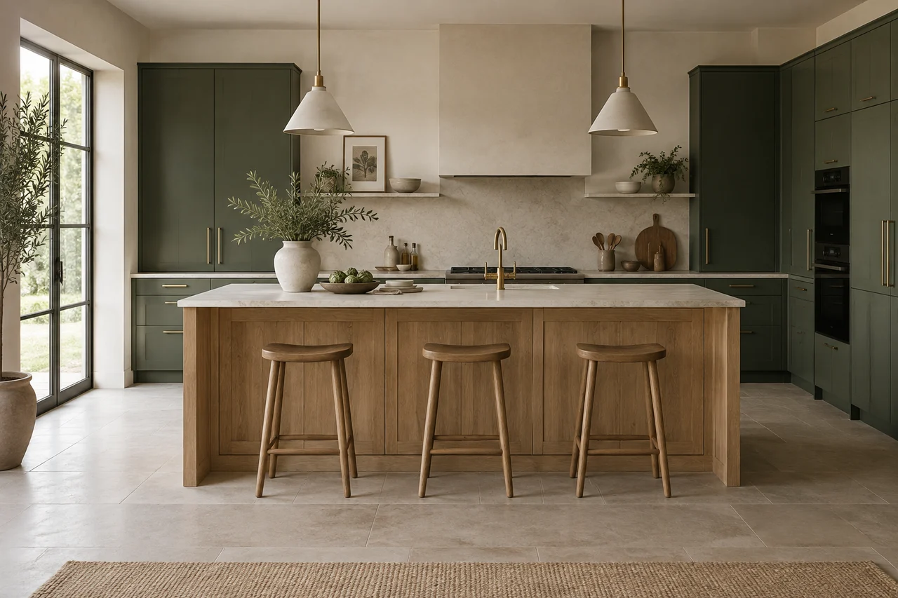 Kitchen with forest-green cabinets and a natural oak island