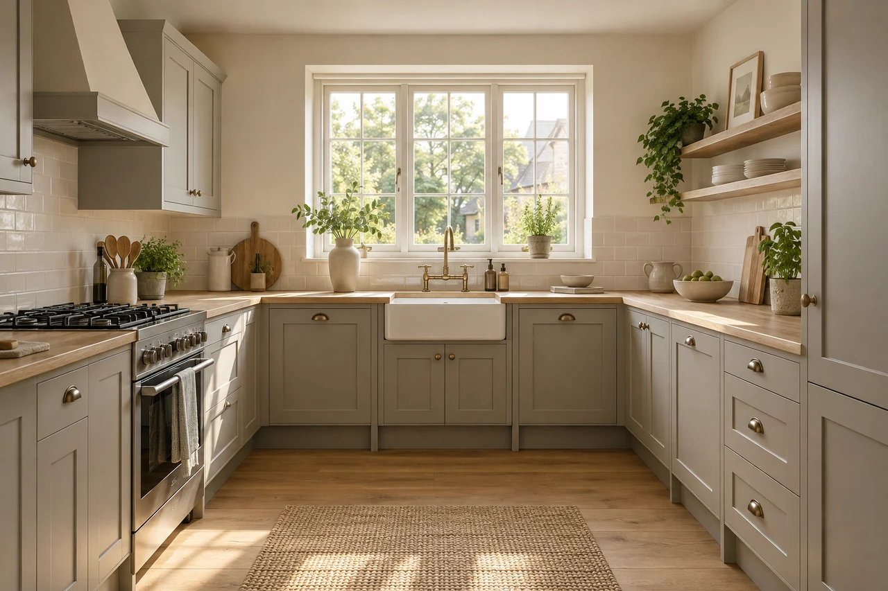 Kitchen with stone-grey Shaker cabinets and oak worktops